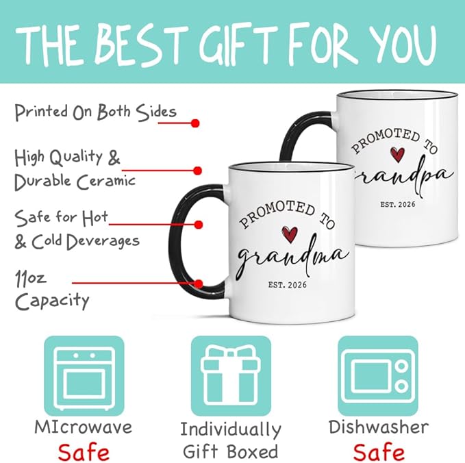 Est 2026 Promoted to Grandparents Mug Set - Gifts for Grandma Grandpa - New Grandparents Gifts First Time 2026 - Baby Announcement Gift - New 1st Grandma Grandpa Gift