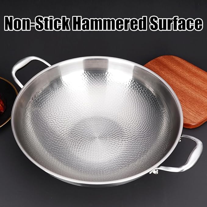 14 Inch Titanium Hammered Wok with Double Handles, Frying Pans Nonstick, Non-Stick Wok, Scratch-Resistant Non Stick Titanium Pans for Cooking,with lid