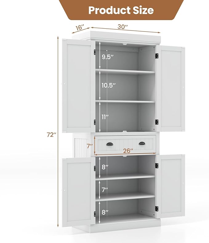 DORTALA 72??Tall Kitchen Pantry Cabinet, Wood Storage Cupboard w/ 4 Adjustable Shelves, 2 Cabinets & Drawer, Utility Freestanding Storage Cabinet for Kitchen, Hallway, Living Room, White