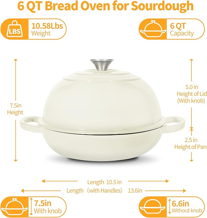 ONKO Sourdough Bread Dutch Oven, 6QT Dutch Oven for Sourdough Bread Baking, Enameled Cast Iron Bread Dome, Round Ceramic Dutch Ovens Pot with Lid for Homemade