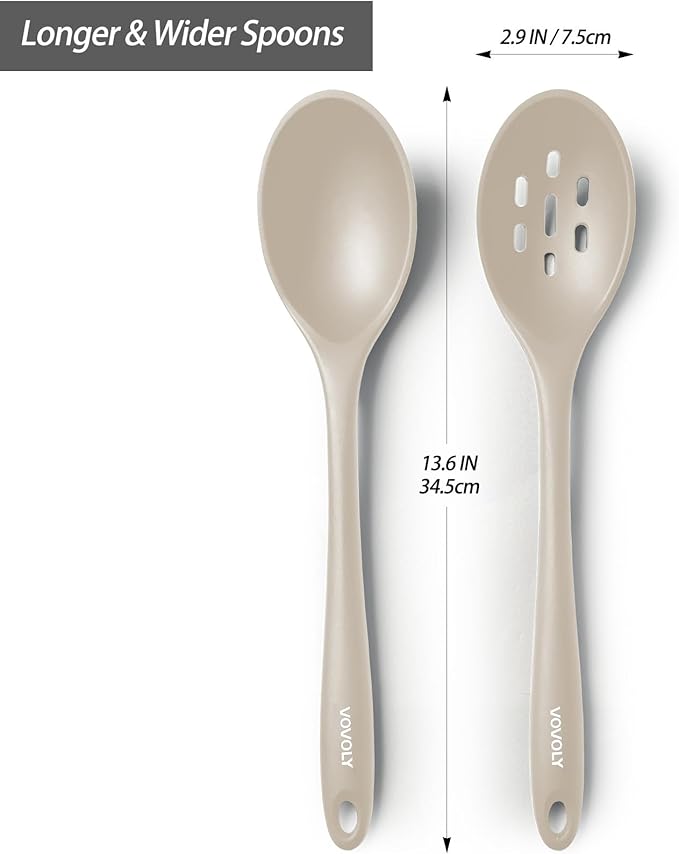 Silicone Slotted Spoons for Cooking - Extra Large Kitchen Spoons for Mixing, Serving, & Stirring - 600째F Heat-Resistant Non Stick Utensils Skimmer- Dishwasher Safe, Khaki