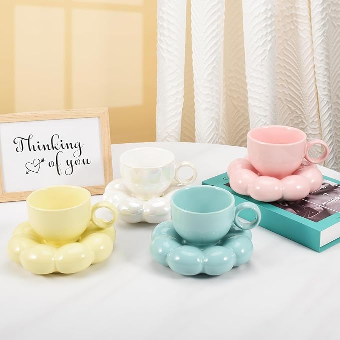 Koythin 4 Pieces Ceramic Sunflower Mug Saucer Set, Creative Cute Cup with Cloud Coaster, 6.5 oz/200 ml Aesthetic Mugs for Tea Latte Milk (White Pink Yellow Blue)