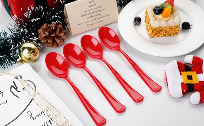 WDF 100 Pack Red Plastic Spoons - 6.9 Inch Heavy Duty Red Disposable Plastic Spoons - Modern Red Disposable Spoons Perfect for Tea Party Birthday Valentine's Day