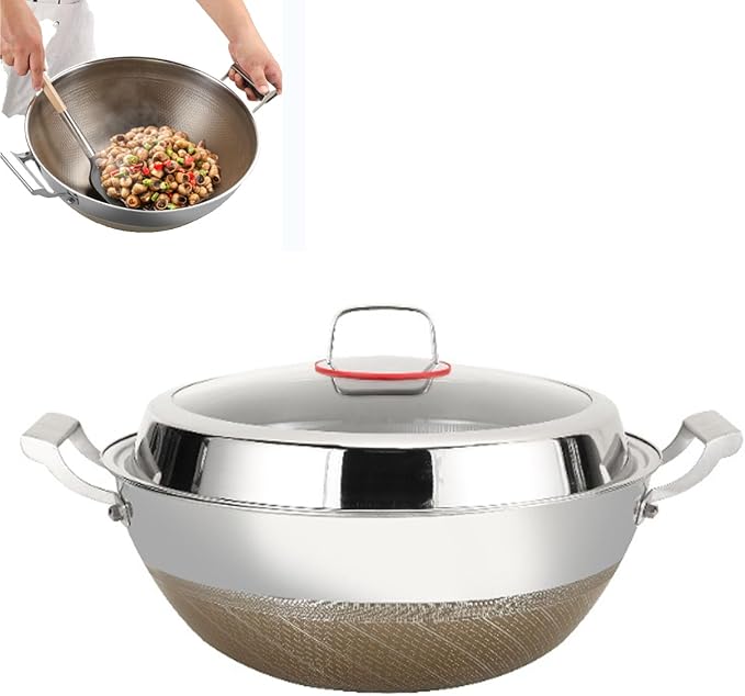 Titanium Hammered Wok with Double Handles, 2026 New Frying Pans Nonstick, Non-Stick Wok, Scratch-Resistant Non Stick Titanium Pans for Cooking,With lid,16.53in
