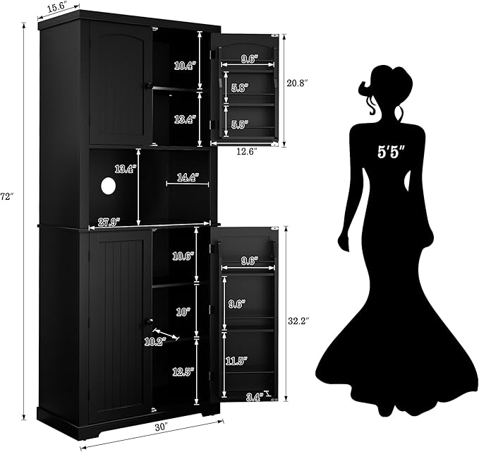 HLR 72" Kitchen Pantry Storage Cabinet, Freestanding Larder Cupboard, Kitchen Hutch Cabinet with Microwave Stand,Utility Pantry with Doors and Shelves for Dining Room, Living Room