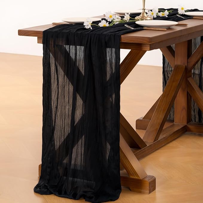 Socomi 3pcs Black New Year Valentine's Day Cheesecloth Table Runner Boho Rustic Gauze 120 inch 10FT Cheese Cloth Runner for Wedding Party Baby Shower Birthday Home Decor Holiday Decorations