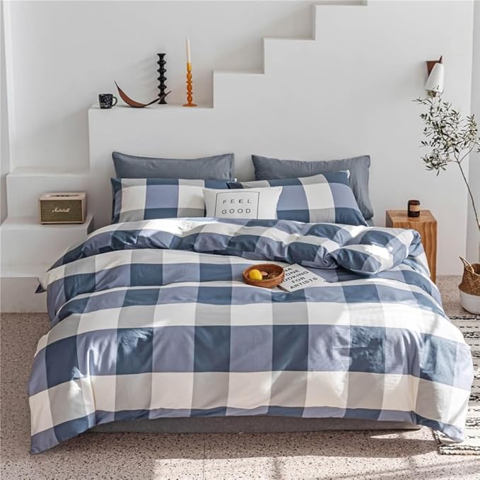 Queen Comforter Set Modern Style Checkered Pattern Comforter Boho Farmhouse Blue White Grey Geometric Plaid Comforter with 2 Pillowcases Soft Fluffy 3 Pieces Lightweight Bedding Set for All Season