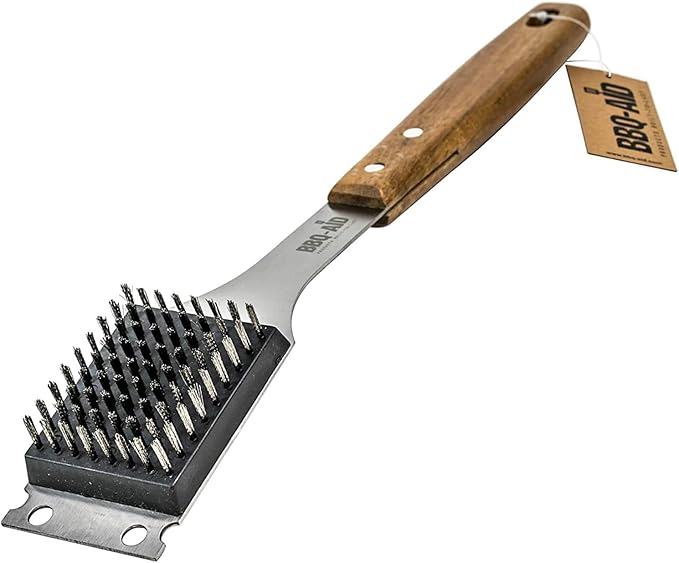 BBQ-Aid Grill Brush and Scraper for Barbecue ??Grill Brush for Outdoor Grill with Extended, Large Wooden Handle and Replaceable Stainless Steel Bristles Head ?밡o Scratch- BBQ Grill Brush for Any Grill