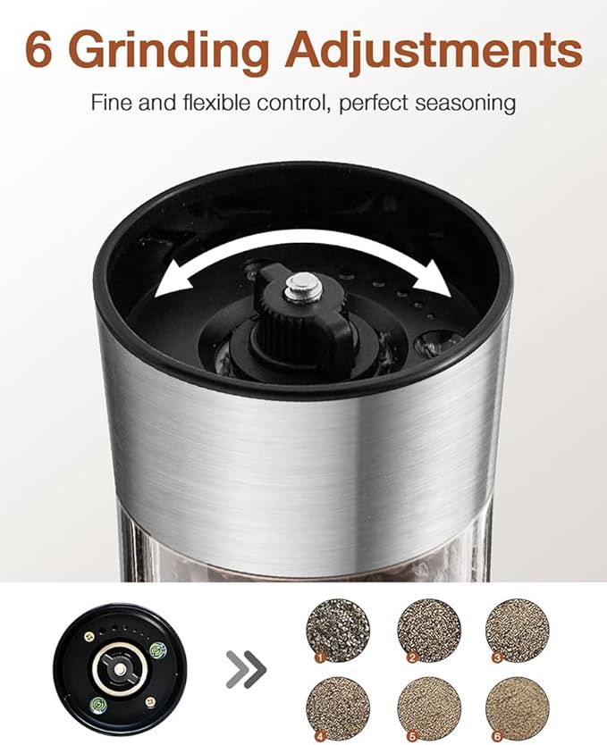 Electric Salt and Pepper Grinder Set, Gravity Operated, USB-C Rechargeable & Charging Base, Stainless Steel, Dual LED Guiding Lights, Comfortable Grip, Adjustable Coarseness, Perfect for Kitchen