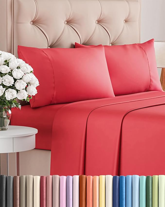Twin XL 4 Piece Sheet Set - Cooling and Breathable Bed Sheets - Hotel Luxury Bed Sheets for Women, Men, Kids & Teens - Bedding with Deep Pockets & Easy Fit - Soft and Wrinkle Free - Twin XL Red Sheets