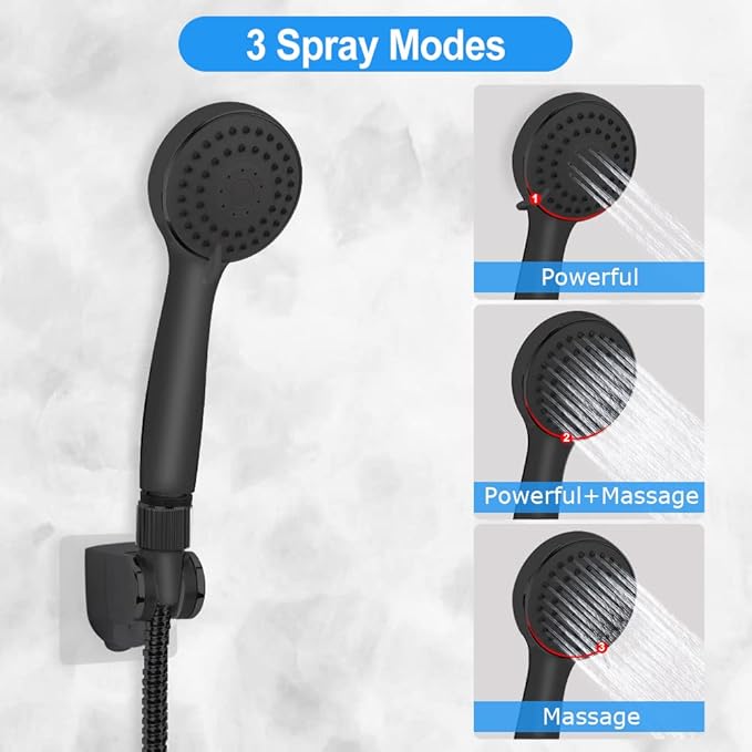 12'' High Pressure Rainfall Shower Head/Handheld Showerhead Combo with 11' Extension Arm, Anti-leak Shower Head with Holder/Hose, Flow Regulator - Matt Black