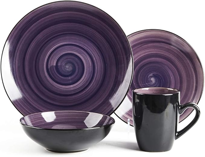 Sonoma 16 Piece Stoneware Dinner Set, Samoa, Outside Black + Inside Hand painted Combi Colors of Grey, Orange, Purple and Turquoise) with speckle