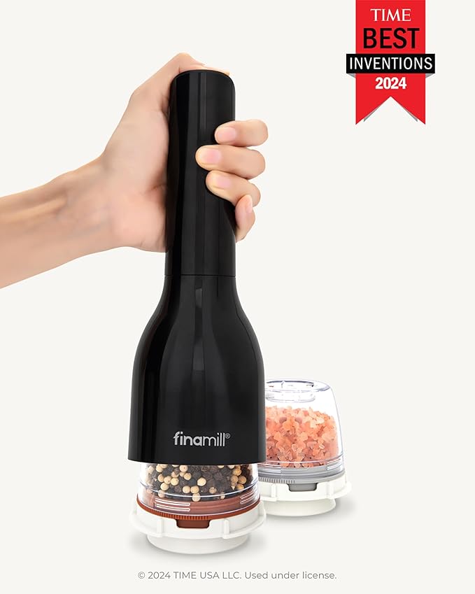 FinaMill Classic Battery Spice Mill ??Battery Operated Salt and Pepper Grinder Set, Includes 2 Interchangeable Spice Pods, Adjustable Coarseness, Ceramic Grinder, LED Light, Kitchen Gifts for Women