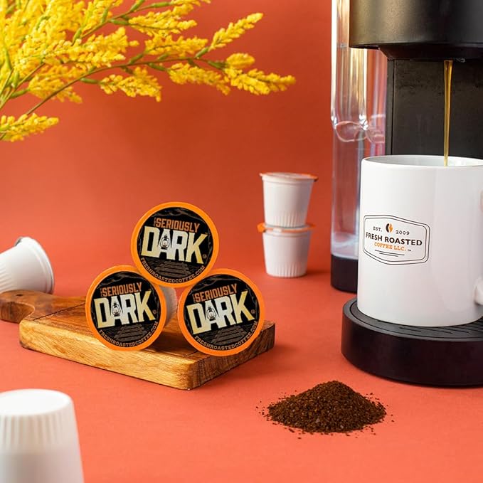 Fresh Roasted Coffee, Seriously Dark Artisan Blend, Dark Roast, 96 Pods for K Cup Brewers