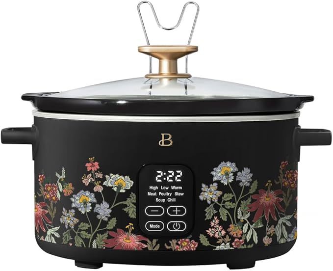 Beautiful 6 Quart Programmable Slow Cooker by Drew Barrymore ??Large Capacity, Ceramic Removable Pot, Tempered Glass Lid, Dishwasher Safe, Auto Keep Warm (Wildflower Black Sesame)