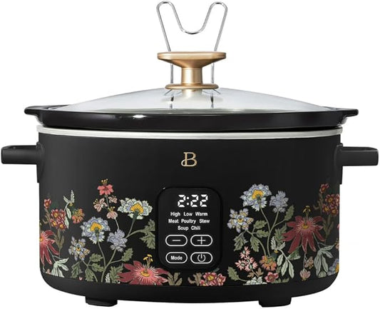 Beautiful 6 Quart Programmable Slow Cooker by Drew Barrymore ??Large Capacity, Ceramic Removable Pot, Tempered Glass Lid, Dishwasher Safe, Auto Keep Warm (Wildflower Black Sesame)