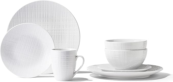Elle D챕cor Maeve Round Dinnerware Set ??16-Piece Porcelain Dinner Set w/ 4 Dinner Plates,4 Salad Plates,4 Bowls & 4 Mugs ??Unique Gift Idea for Any Special Occasion or Birthday,Maeve White,7860-16-RB