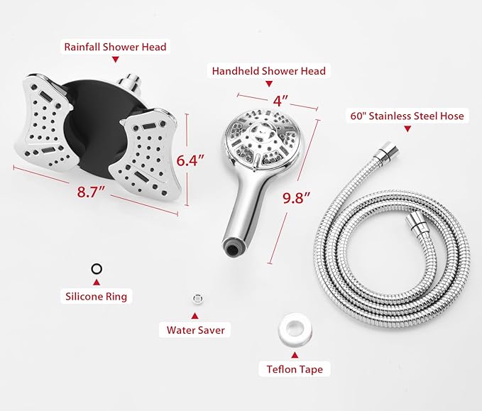 GRICH Shower Head with Handheld Spray Combo: 2 in 1 Rainfall Shower Heads high pressure & Handheld Shower Head, 9 Spray Modes/Settings Detachable Shower Head with Hose cUPC and CEC Certification