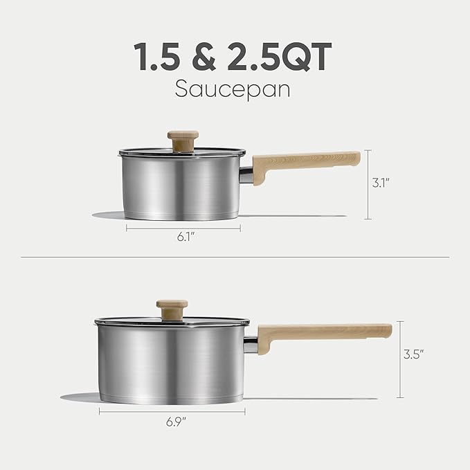 CAROTE 1.6QT & 3QT Sainless Steel Saucepan with Lids and 1QT Saucepan without Lid Pot Set,3-ply Base, Non-Toxic, Induction Cookware Set, Small Kitchen Pots, Tempered Glass Lids