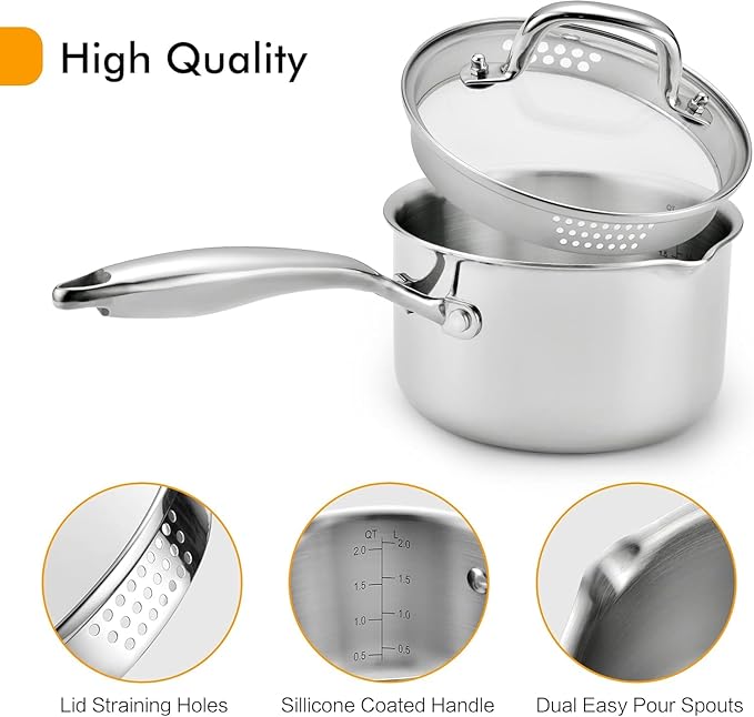 Tri-Ply Stainless Steel Sauce Pan with Steamer Basket & Straining Glass Lid ??Heavy-Duty,Thick Base,Rust-Resistant,Warp-Free ??00% Food-Grade ?볿uilt to Last??Works with All Stovetops, Pasta Pot 2.5 QT
