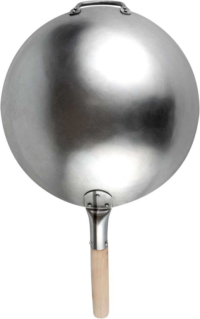 Motomori 14 Inch Hand-Hammered Carbon Steel Woks, 10 Traditional Japanese Woks - Round Bottom, Wooden Handle, Black Carbon Steel Traditional Stir Fry Pans, With Helper Handle - Restaurantware