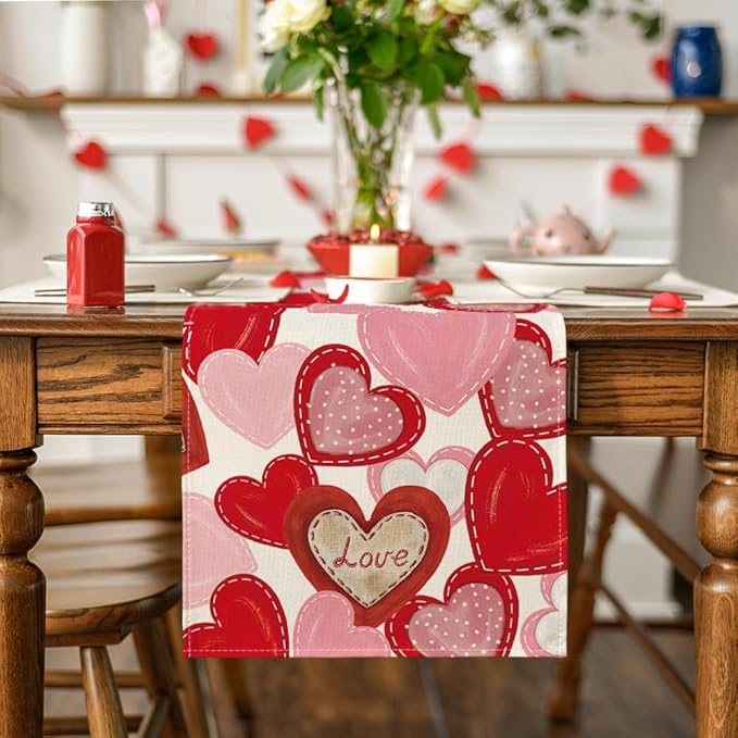 Artoid Mode White Pink Love Heart Valentine's Table Runner, HoliAnniversary Kitchen Dining Table Decoration for Home Party Decor 13x90 Inch