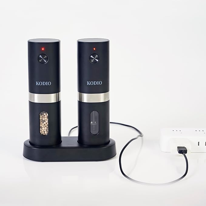 Electric Salt and Pepper Grinder Set, Rechargeable Base, Automatic Salt & Pepper Mill Refillable with USB Cables, Salt and Pepper Shakers, LED Light, One Hand Operation, 2 Adjustable Coarseness Mills