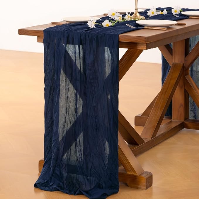 Socomi Navy Blue Valentine's Day Cheesecloth Table Runner Boho Rustic Gauze 120 inch 10FT Cheese Cloth Runner for Wedding Party Baby Shower Birthday Home Decor Holiday Decorations