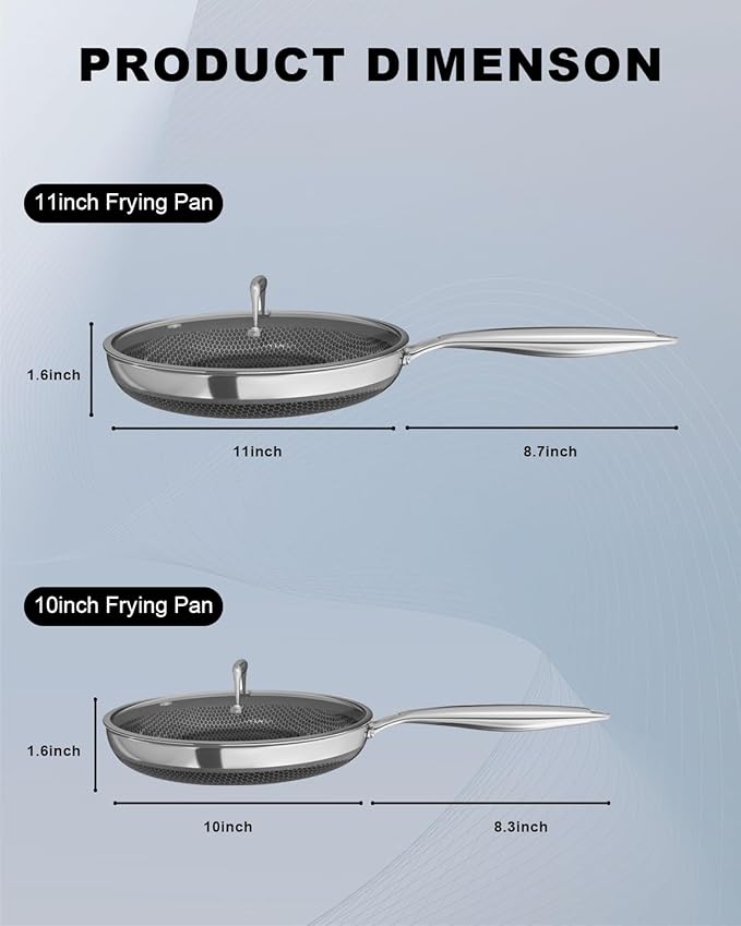 Fogdream 10??1??Non Stick Frying Pans, Stainless Steel Skillet with Lid, Tri-Ply Stainless Steel for All Cooktops, Dishwasher and Oven-Safe Cooking Pan, Stay-Cool Handle, Silver