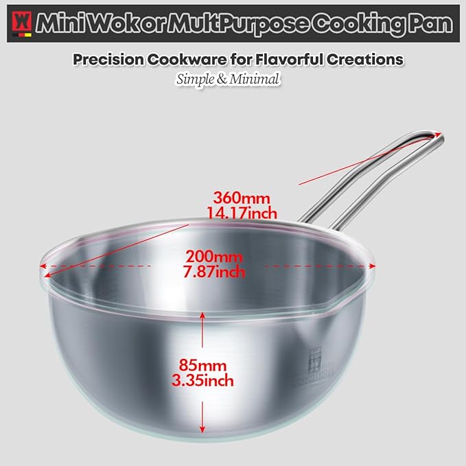 Stainless Steel Baby Wok 200mm / 7.87inches, 3-Ply Base with Aluminum Core, All Cooktops, Multipurpose Saucepan, Ramen Pot, On-the-go Cooking Pot for Outdoor or Camping