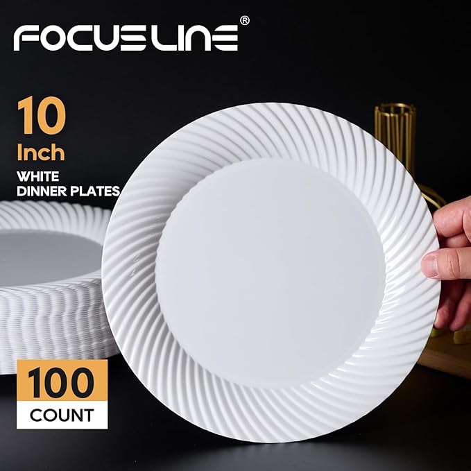 FOCUSLINE 10 Inch White Plastic Plates,100 Count Disposable Heavy Duty Dinner Plates, Premium Hard Plastic for Weddings, Parties and Events