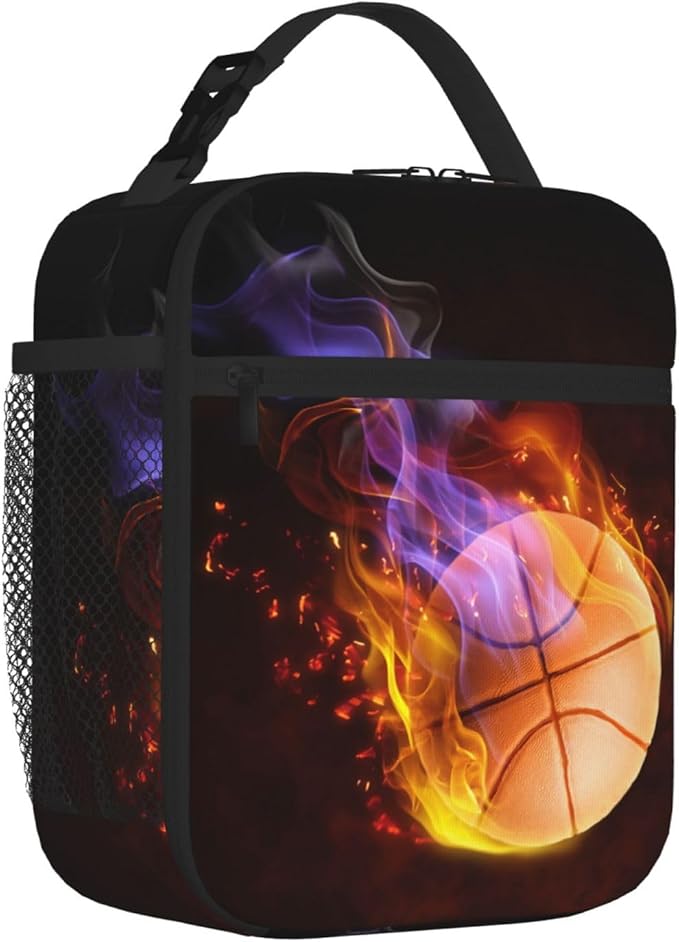 Basketball Lunch Box with Fire Pattern, Sports-themed Lunch Bag for Kids Teens Adults Boys Men, Insulated Leakproof Waterproof Reusable Lunch Bags Portable Durable Cooler Tote Bag with Mesh Pocket