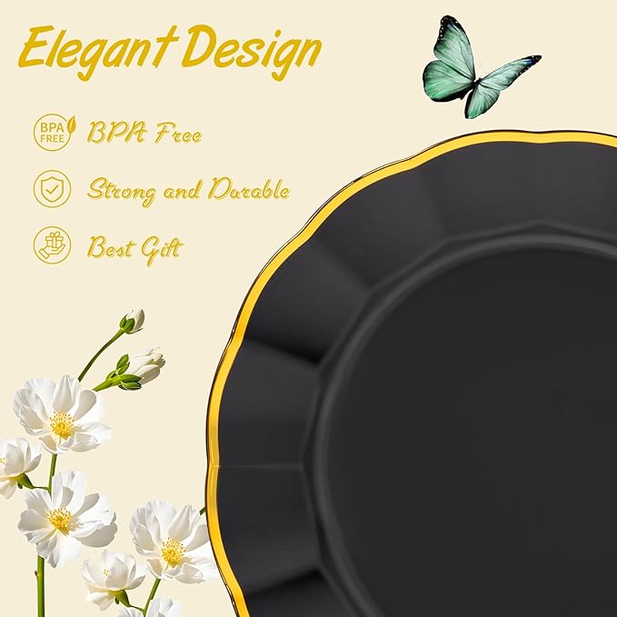 EI 150pcs Black Plastic Plates,Black and Gold Fancy Plate,Gold Plastic Silverware,Black and Gold Dinnerware Set,Premiun Heavy Duty Taleware,Perfect for Party,Wedding,Business Events,Hotel Banquets