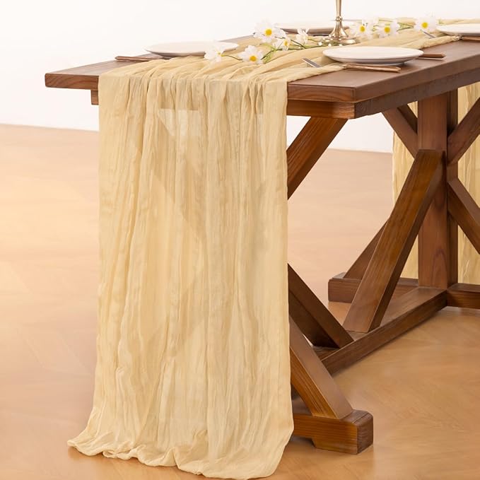 Socomi 10pcs Gold Champagne Cheesecloth Table Runner Boho Rustic Gauze 120 inch 10FT Cheese Cloth Runner for Wedding Party Baby Shower Birthday Home Decor Holiday Decorations