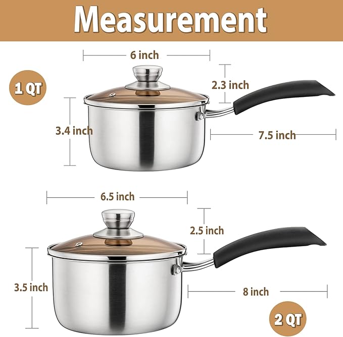 P&P CHEF 1 & 2 Quart Saucepan Small Pot, Stainless Steel Saucepan with Lid, Small Sauce Pan for Home Kitchen Restaurant Cooking, Visible Glass lid & Bakelite Heat-Proof Handles,Dishwasher Safe, 2 Pcs