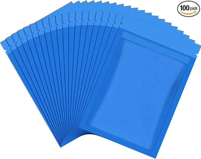 Blulu 100 Pieces Resealable Foil Proof Bags Scent Proof Flat Pouch Clear Smell Sealable Packing Bags Iridescent for Food Storage Snack Jewelry(4 x 6 Inch,Blue)