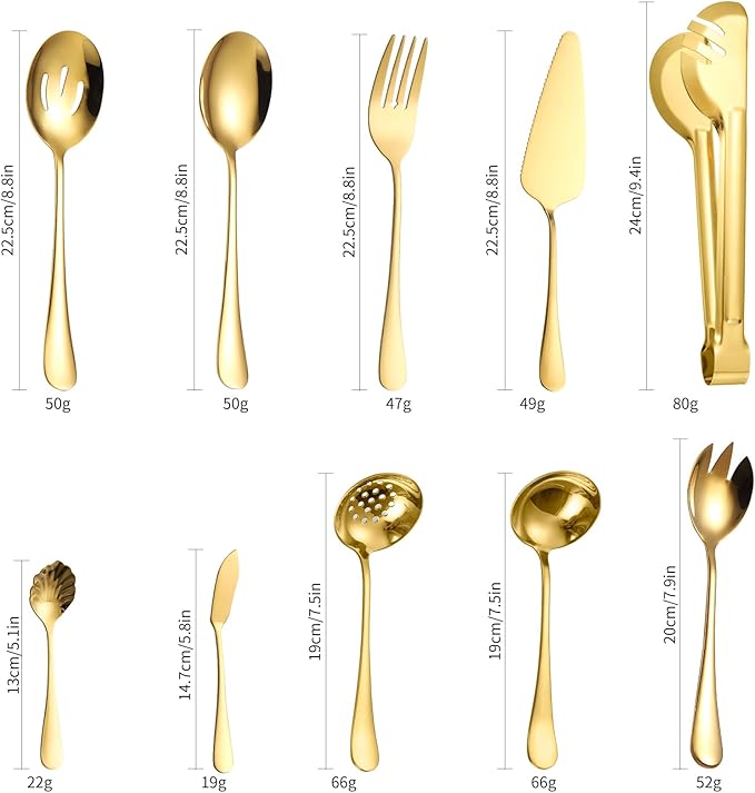 A쨌 HOUSEWARE Gold Kitchen Utensils Serving Set 10 Piece Catering Silverware Stainless Steel Flatware for Buffet Party include Tong Serving Spatula Skimmer Ladles Big Fork Cheese Knife Dessert Spoon