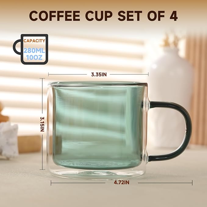 Double Wall Insulated Glass Tea Cups Set of 4, Clear Borosilicate Espresso Shot Cups for Espresso Machine, Glass Teacups Coffee Mugs with Handle for Cappuccino Latte, Green, 10OZ/280ML