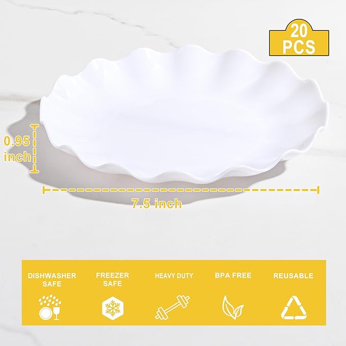 LIYH 20 Pcs 7.5 Inch White Dessert Scalloped Plastic Plates Reusable - Unbreakable Plastic Cake Plates for Weddings Party Outdoor Picnics Dishwasher Safe BPA Free Valentine's & Mother's Day