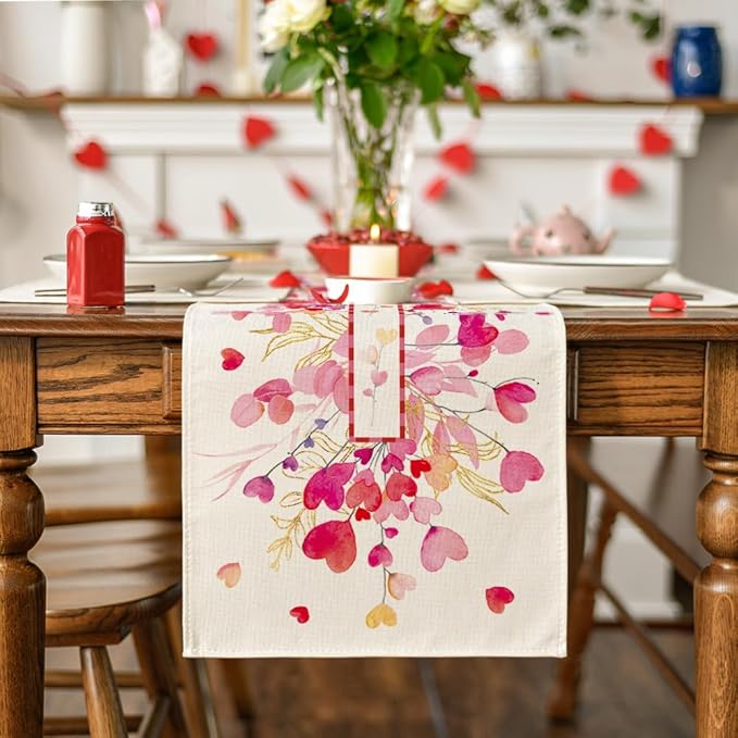 Artoid Mode Red Pink Heart Branch Valentine's Table Runner, Seasonal Leaf Kitchen Dining Table Decoration for Home Party Decor 13x36 Inch