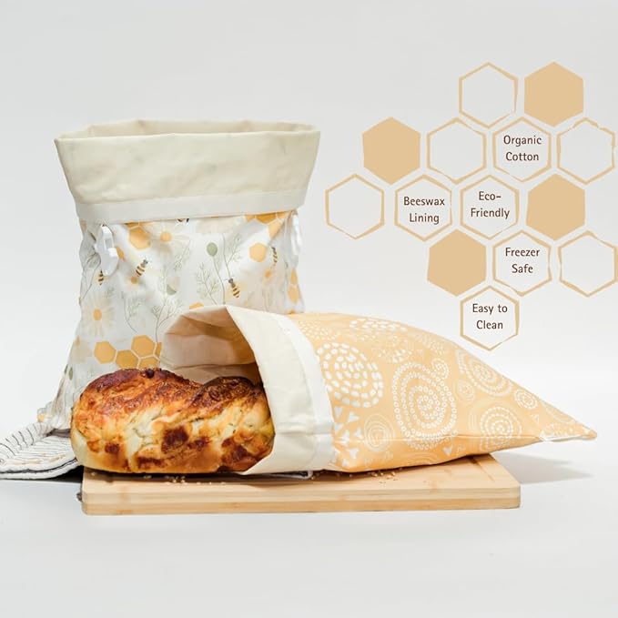 Reusable Beeswax Bread Bag 2 Pack ??2x17 Bread Bag for Homemade Sourdough, Beeswax Coated Organic Cotton Storage Bag for Loaf Baguette, Freezer Safe, Eco-Friendly Wrap Honeybee