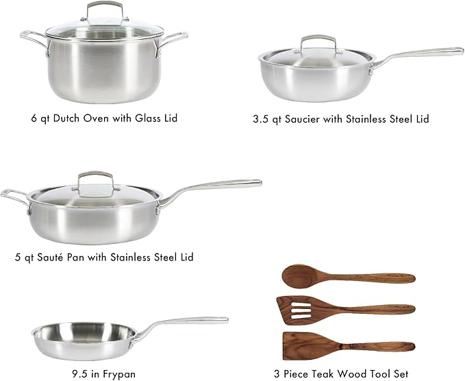 Babish 10-Piece Professional Tri-Ply Non-Toxic Pots and Pans Cookware Set ??Durable, Even Heat Distribution for Cooking and Baking