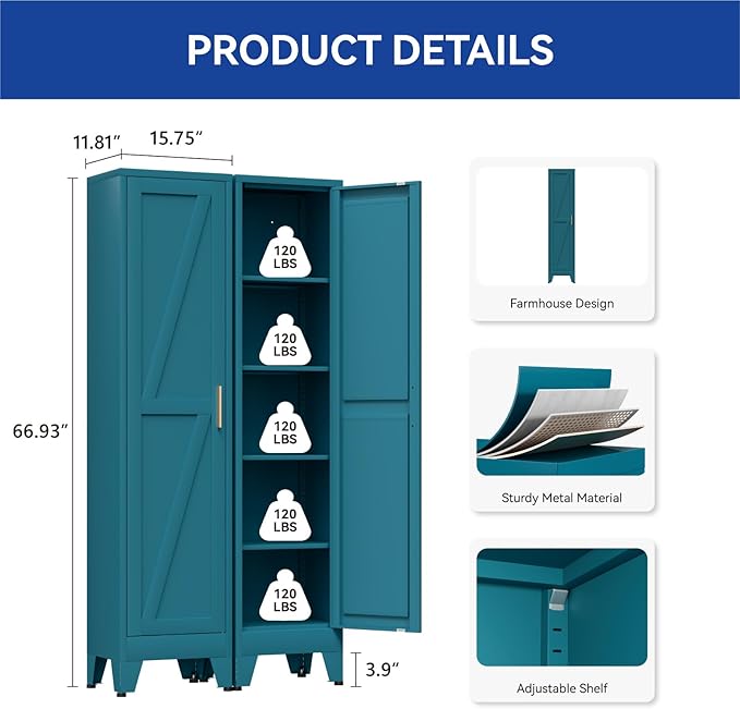 COFaR 67'' Tall Slim Bathroom Storage Cabinet, Metal Narrow Bathroom Cabinet with 4 Adjustable Shelves and One Door, Skinny Cabinet Storage for Kitchen Laundry, Peacock Blue Farmhouse 5 Tiers