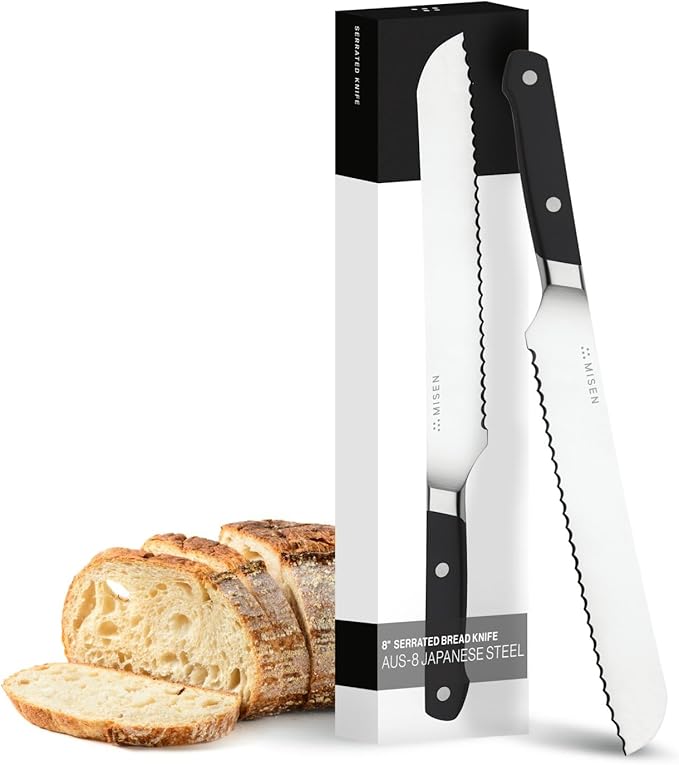 Misen Serrated Bread Knife - High-Carbon Japanese AUS8 Steel - Perfect for Soft Foods, Bread, Pastries, and Fruits - Verstatile Slicer, Razor-Sharp Edge, Durable Blade, Ergonomic Handle - 8", Black