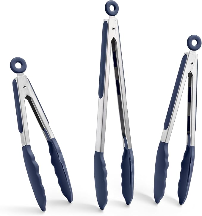 Doosu Kitchen Tongs for Cooking - 600째F Heat Resistant Food Tong Set with Non-Scratch Silicone Tips, Heavy Duty Stainless Steel Locking Tong for BBQ, Grilling Steak, Serving (7+9+12in, Navy Blue)