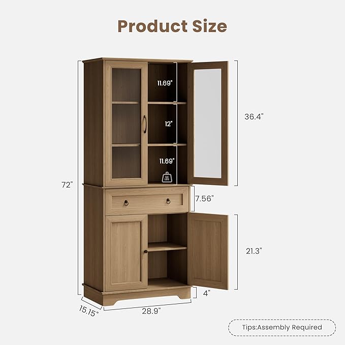 Set of 2 72" Tall Kitchen Pantry Storage Cabinets with Glass Doors and Drawer, Farmhouse Cupboards with Adjustable Shelves, Freestanding Food Pantries for Kitchen, Dining Room, Natural