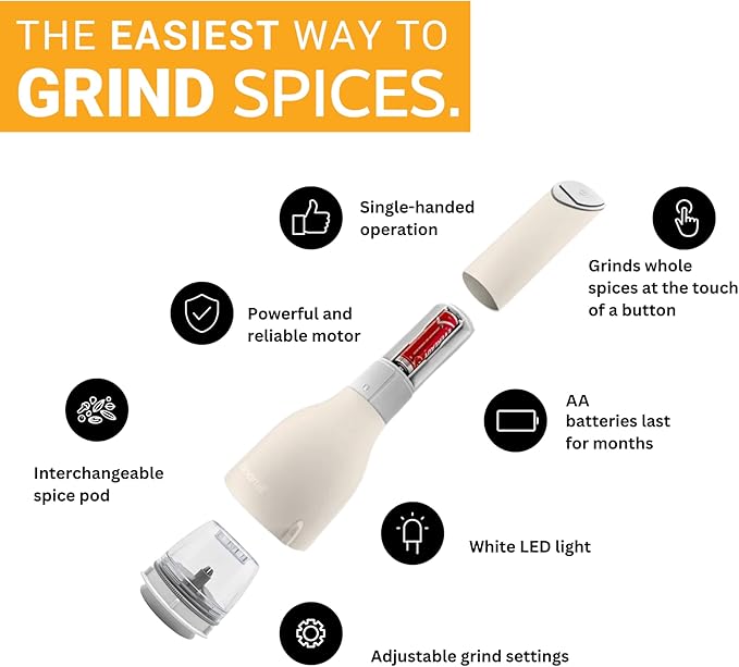 FinaMill Classic Battery Spice Mill ??Battery Operated Salt and Pepper Grinder Set, Includes 2 Interchangeable Spice Pods, Adjustable Coarseness, Ceramic Grinder, LED Light, Kitchen Gifts for Women