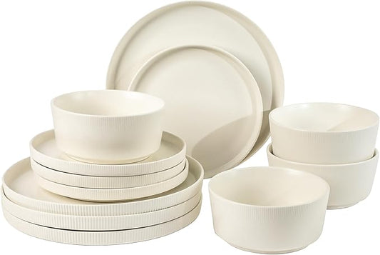 Gibson Home Dempsey Road 12-Piece Stoneware Dinnerware Set ??Service for 4, Round White Plates and Bowls, Durable Solid Color Modern Embossed Dish Set, Microwave & Dishwasher Safe