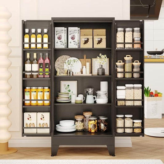 47" Kitchen Pantry Cabinet, Metal Storage Cabinet with 3 Adjustable Layer Shelves, 8 Door Shelves, Buffet Sideboard for Living Room, Kitchen, Black