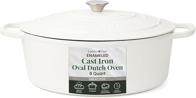 Larder & Vine Enameled Cast Iron 8 qt Dutch Oven Pot with Lid | Bread Baking | Compatible on All Cooktops & Oven Safe to 500째 F | Great for Sourdough Bread | White